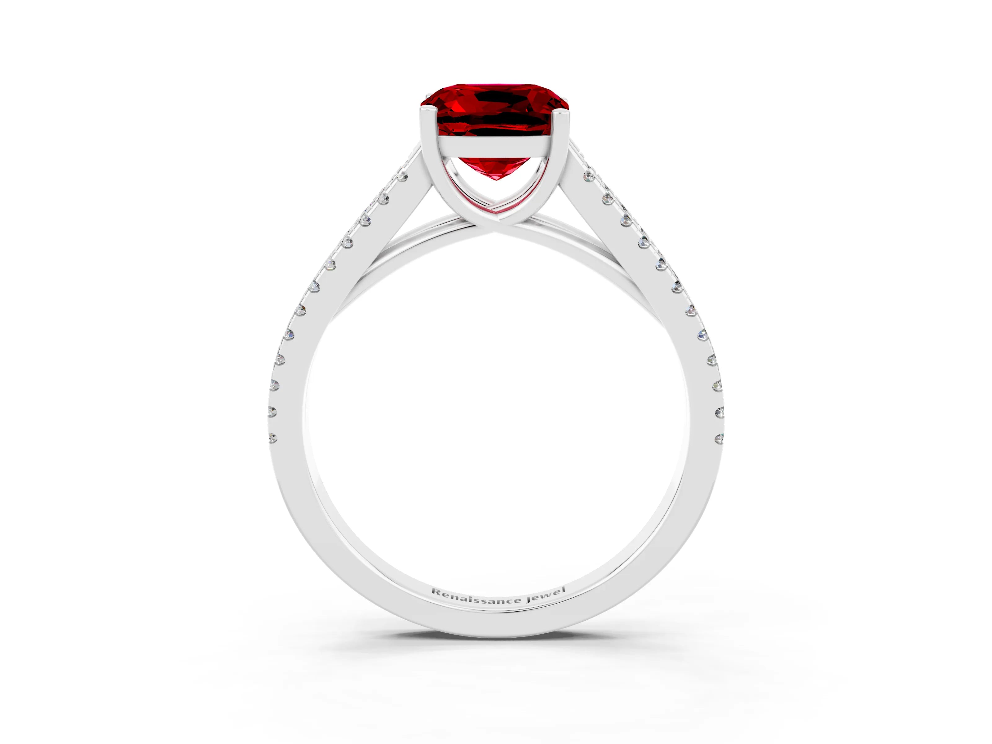White gold Cushion Cut Ruby Solitaire Engagement Ring with Split Shank Pavé Band_3