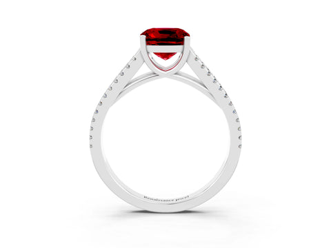 White gold Cushion Cut Ruby Solitaire Engagement Ring with Split Shank Pavé Band_3