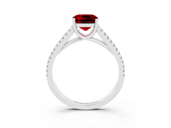 Silver Cushion Cut Ruby Solitaire Engagement Ring with Split Shank Pavé Band