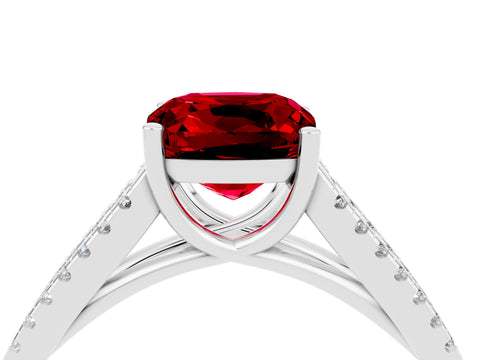 White gold Cushion Cut Ruby Solitaire Engagement Ring with Split Shank Pavé Band_4