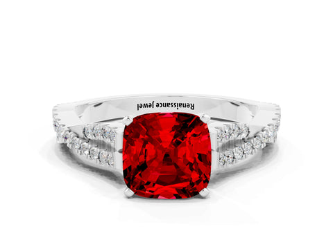 White gold Cushion Cut Ruby Solitaire Engagement Ring with Twisted Pavé Band and Four-Prong Setting_12