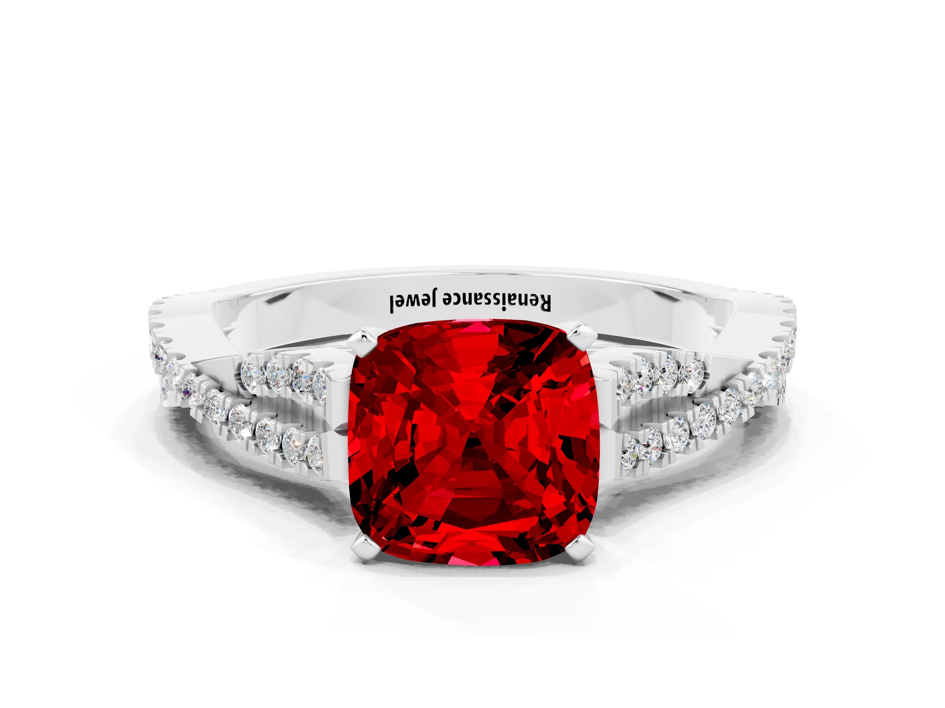 White gold Cushion Cut Ruby Solitaire Engagement Ring with Twisted Pavé Band and Four-Prong Setting_12