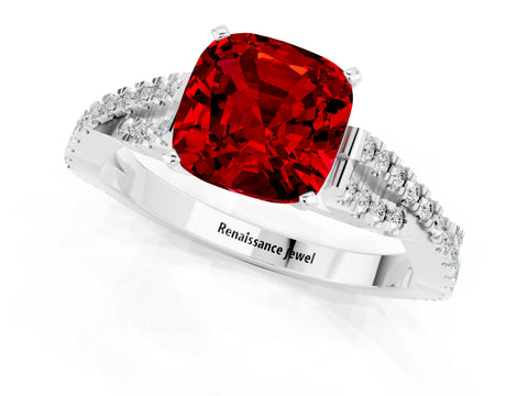 White gold Cushion Cut Ruby Solitaire Engagement Ring with Twisted Pavé Band and Four-Prong Setting_13