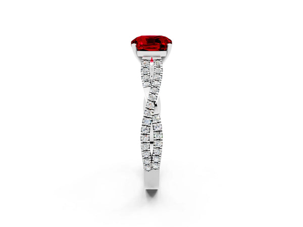 Silver Cushion Cut Ruby Solitaire Engagement Ring with Twisted Pavé Band and Four-Prong Setting