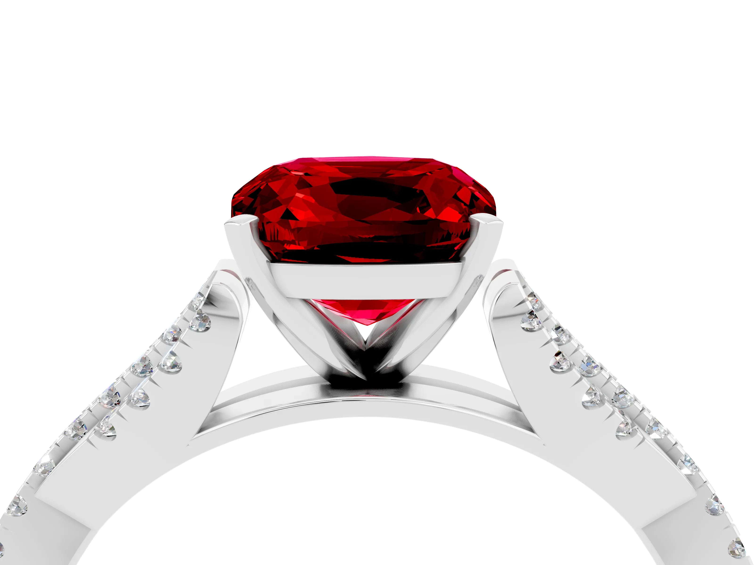 White gold Cushion Cut Ruby Solitaire Engagement Ring with Twisted Pavé Band and Four-Prong Setting_16