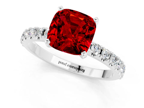 White gold Cushion Cut Ruby Solitaire Pavé Band with Four-Prong Setting_1