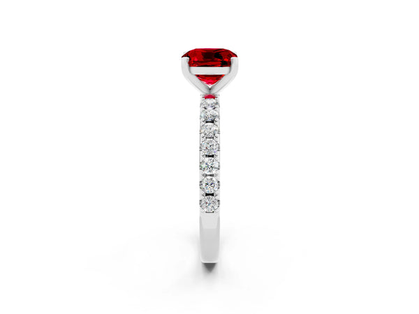 White gold Cushion Cut Ruby Solitaire Pavé Band with Four-Prong Setting