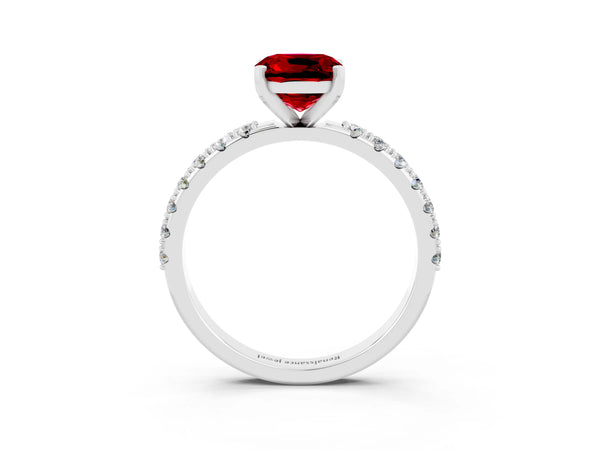 Silver Cushion Cut Ruby Solitaire Pavé Band with Four-Prong Setting