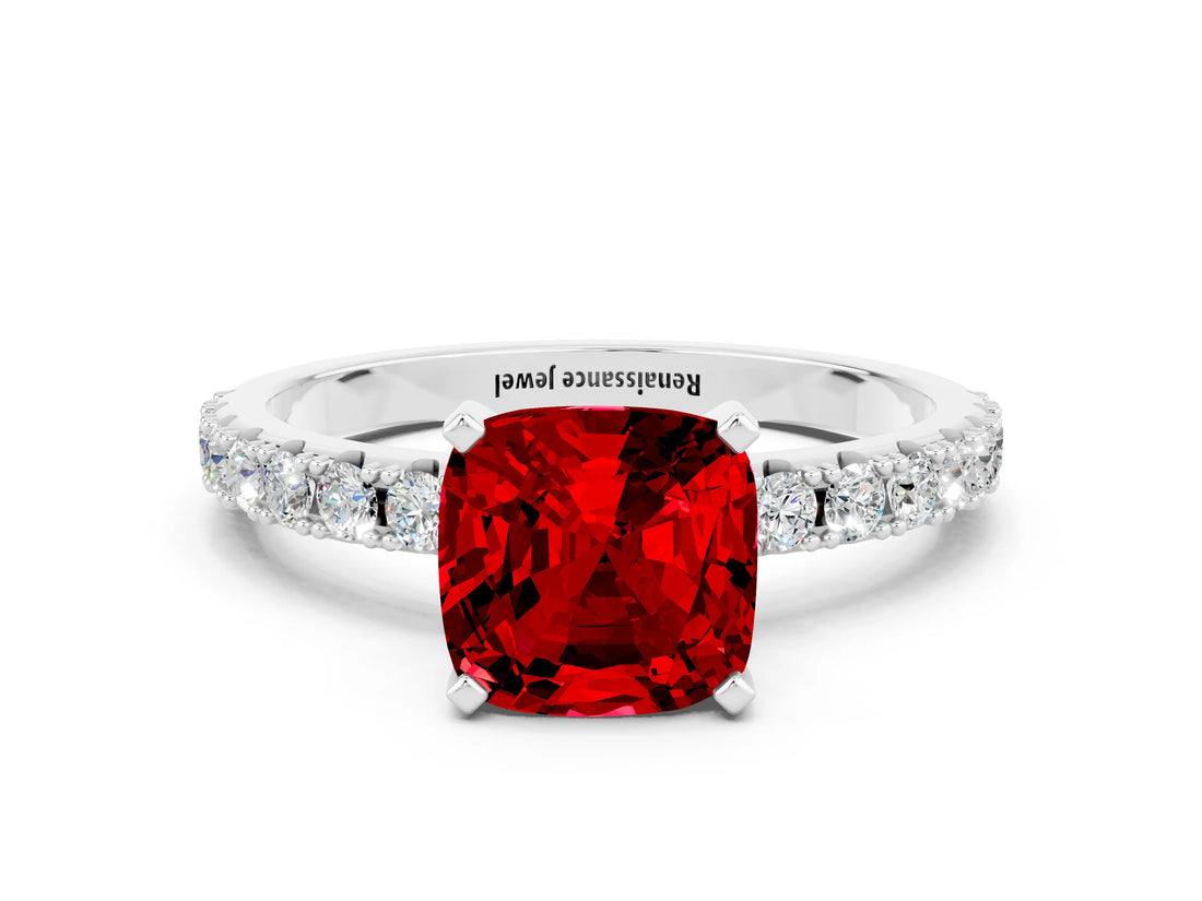 White gold Cushion Cut Ruby Solitaire Pavé Band with Four-Prong Setting