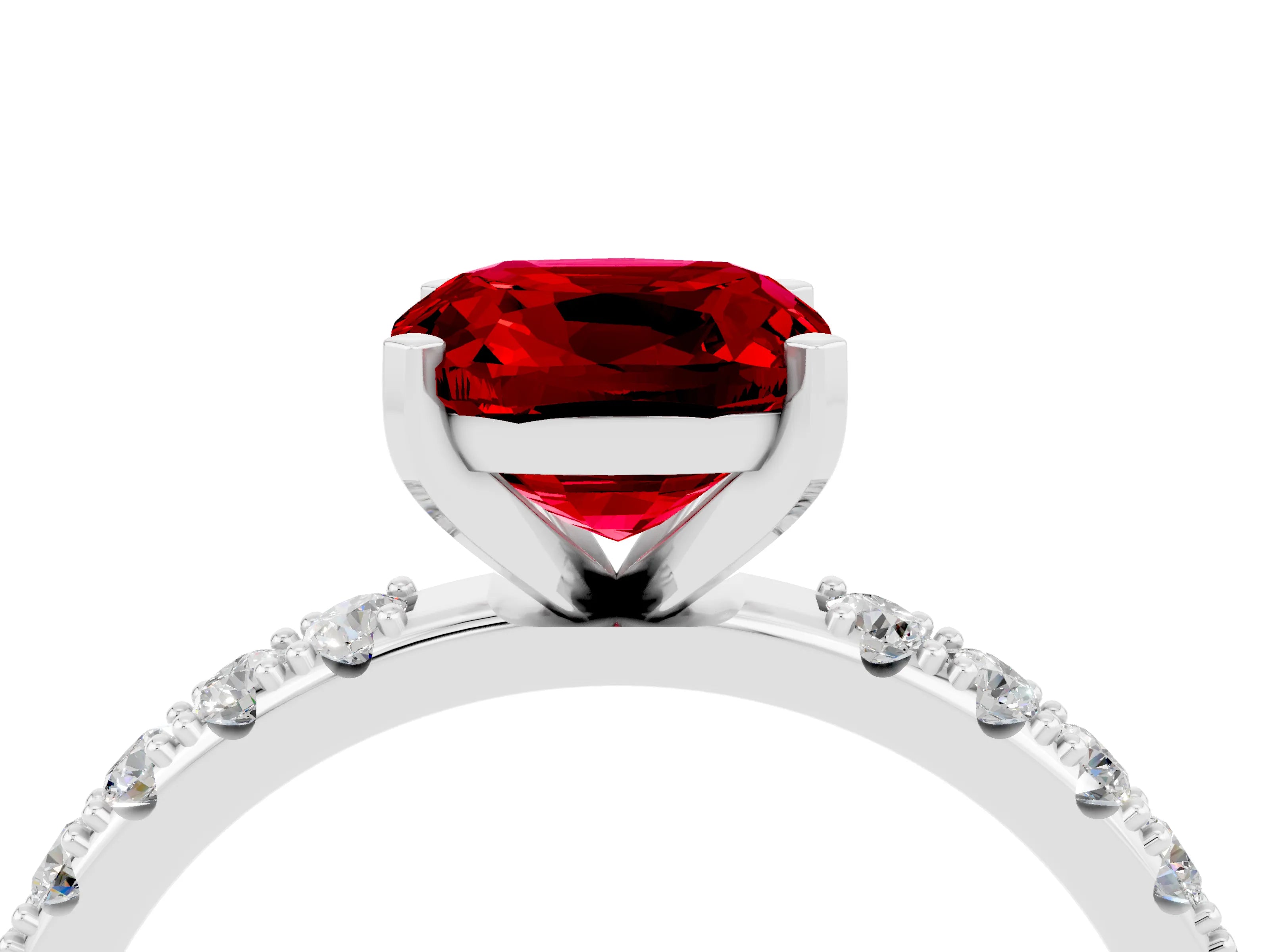 White gold Cushion Cut Ruby Solitaire Pavé Band with Four-Prong Setting_4