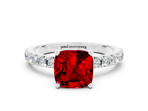 White gold Cushion Cut Ruby Solitaire Pavé Band with Four-Prong Setting