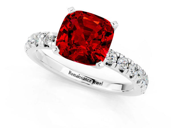 Platinum Cushion Cut Ruby Solitaire Pavé Engagement Ring with Round Band and Prong Setting