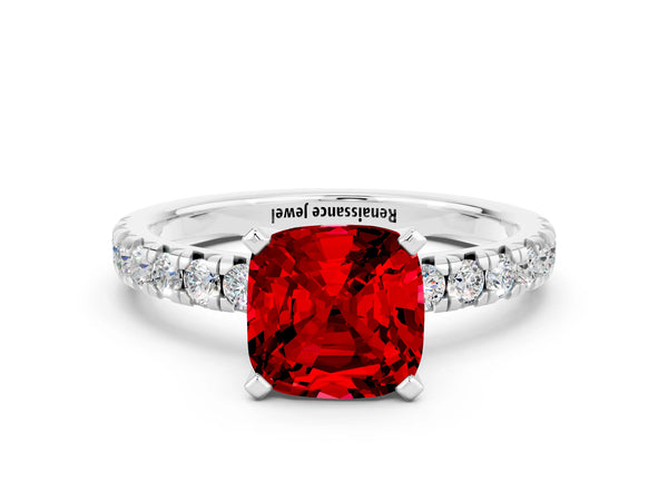 Silver Cushion Cut Ruby Solitaire Pavé Engagement Ring with Round Band and Prong Setting