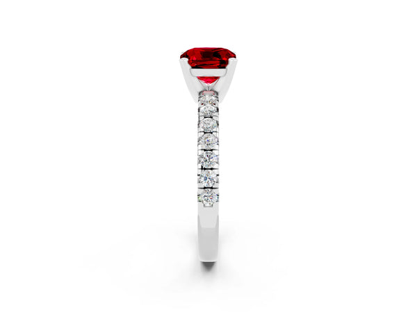 Platinum Cushion Cut Ruby Solitaire Pavé Engagement Ring with Round Band and Prong Setting