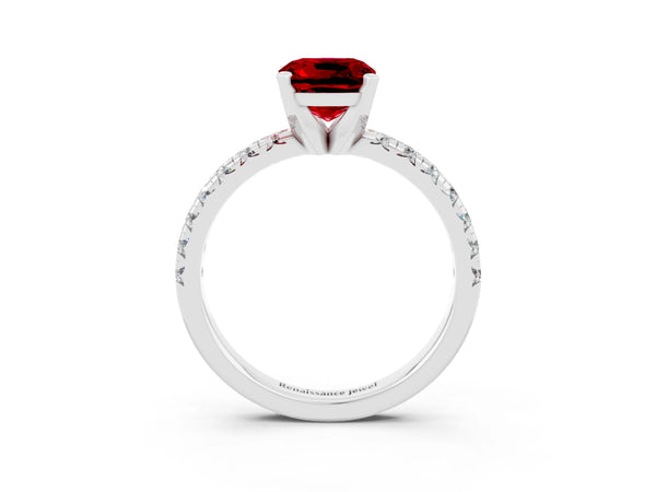 Platinum Cushion Cut Ruby Solitaire Pavé Engagement Ring with Round Band and Prong Setting