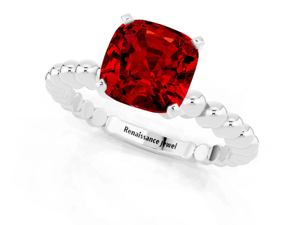 Silver Cushion Cut Ruby Solitaire Ring with Beaded Band and Prong Setting