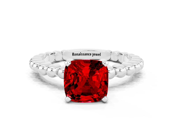 Platinum Cushion Cut Ruby Solitaire Ring with Beaded Band and Prong Setting