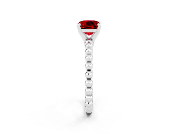 Silver Cushion Cut Ruby Solitaire Ring with Beaded Band and Prong Setting