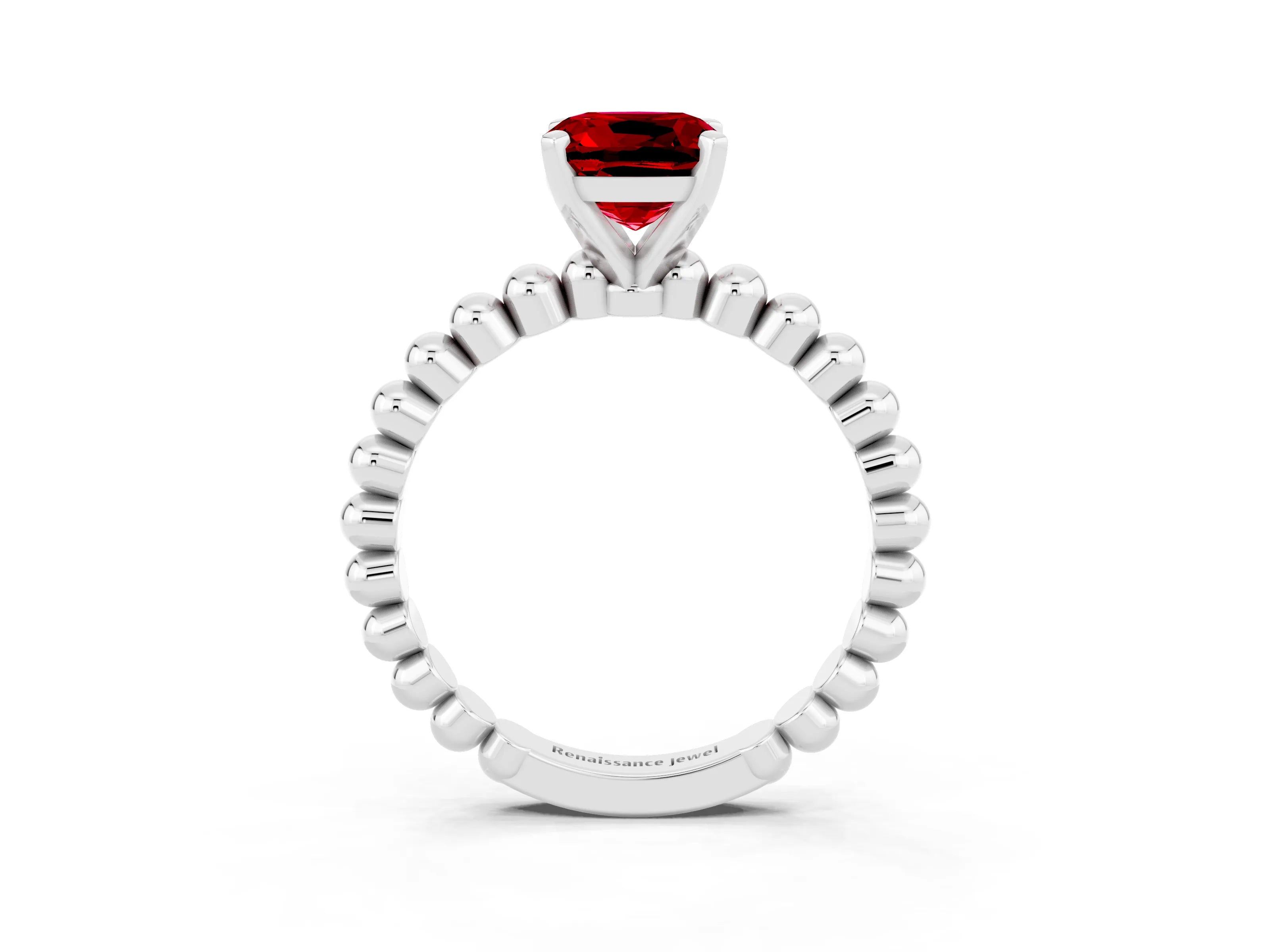 White gold Cushion Cut Ruby Solitaire Ring with Beaded Band and Prong Setting_45
