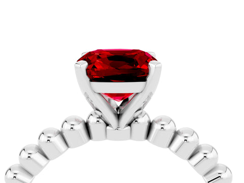 White gold Cushion Cut Ruby Solitaire Ring with Beaded Band and Prong Setting_46