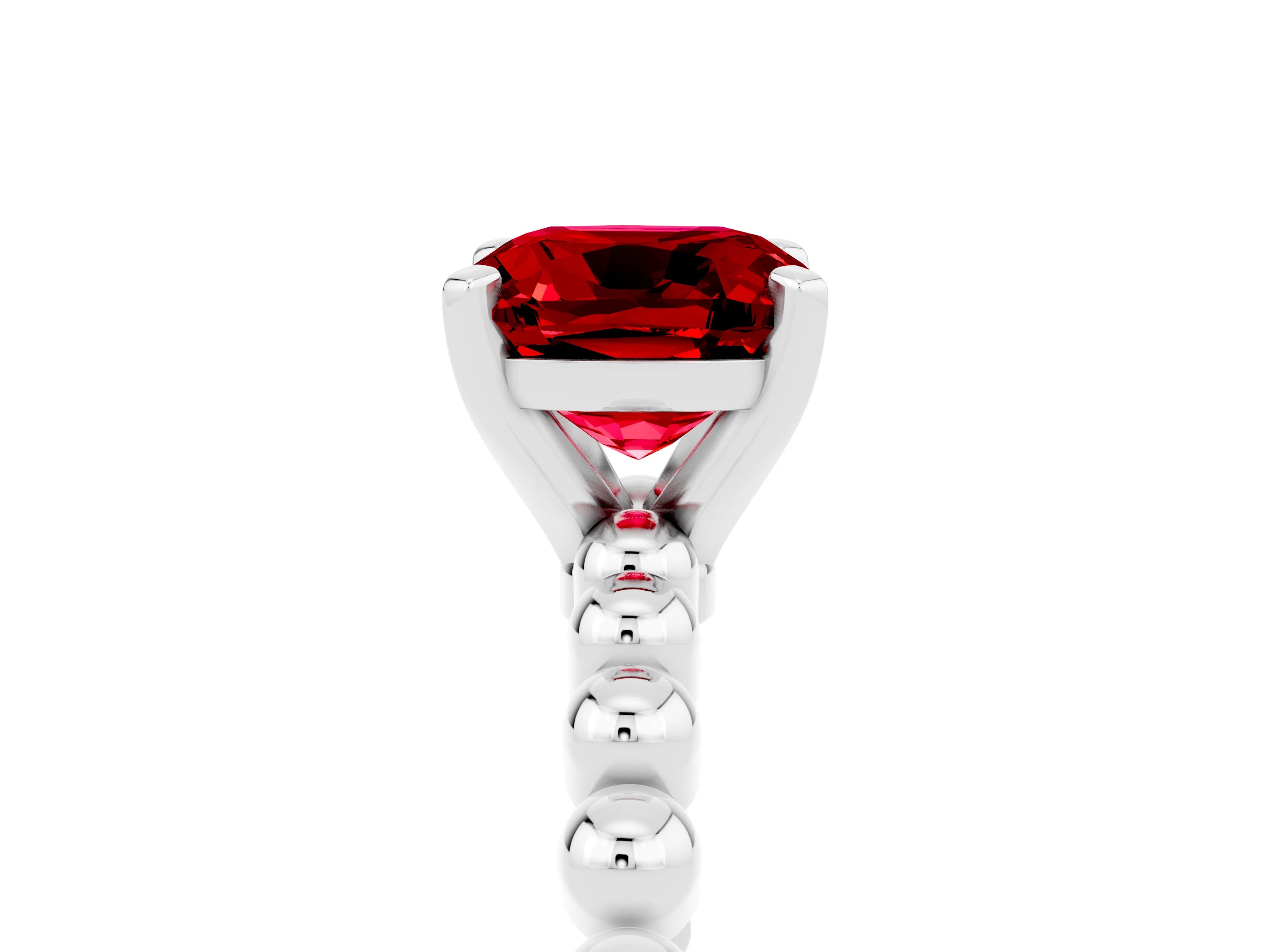 White gold Cushion Cut Ruby Solitaire Ring with Beaded Band and Prong Setting_47