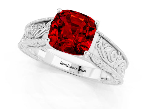 White gold Cushion Cut Ruby Solitaire Ring with Engraved Band and Four-Prong Setting_1