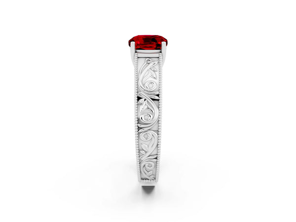 White gold Cushion Cut Ruby Solitaire Ring with Engraved Band and Four-Prong Setting