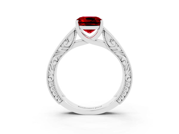 Silver Cushion Cut Ruby Solitaire Ring with Engraved Band and Four-Prong Setting