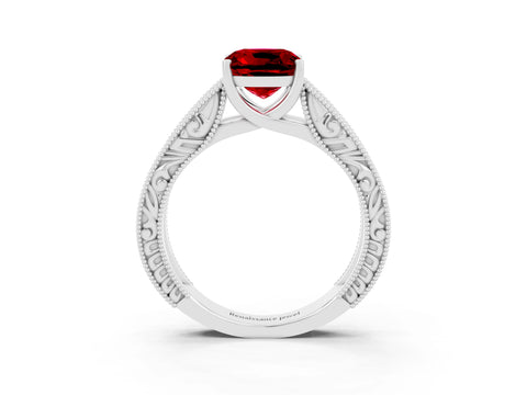 White gold Cushion Cut Ruby Solitaire Ring with Engraved Band and Four-Prong Setting_3