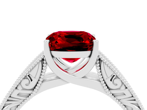 White gold Cushion Cut Ruby Solitaire Ring with Engraved Band and Four-Prong Setting_4