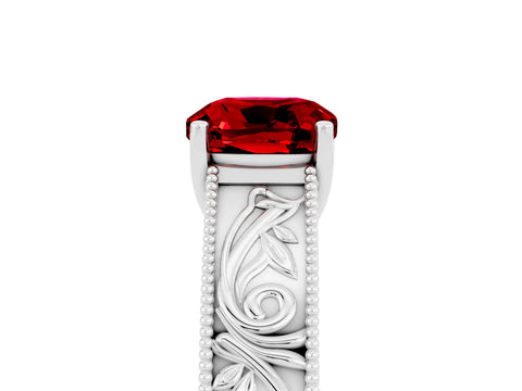White gold Cushion Cut Ruby Solitaire Ring with Engraved Band and Four-Prong Setting_5