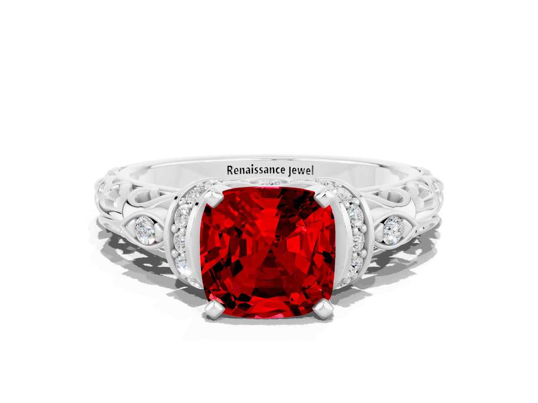White gold Cushion Cut Ruby Solitaire Ring with Filigree Band and Four-Prong Setting_24