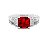 White gold Cushion Cut Ruby Solitaire Ring with Filigree Band and Four-Prong Setting_24