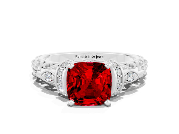 White gold Cushion Cut Ruby Solitaire Ring with Filigree Band and Four-Prong Setting