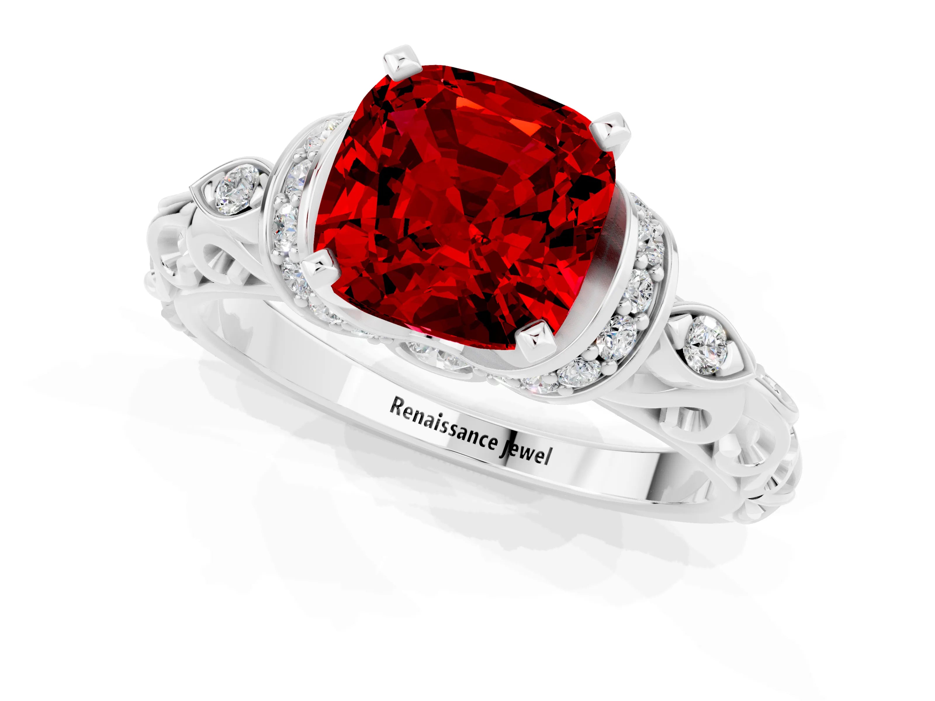 White gold Cushion Cut Ruby Solitaire Ring with Filigree Band and Four-Prong Setting_25