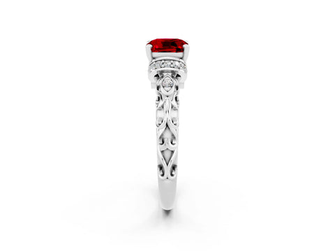 White gold Cushion Cut Ruby Solitaire Ring with Filigree Band and Four-Prong Setting_26