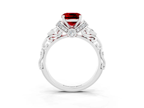 White gold Cushion Cut Ruby Solitaire Ring with Filigree Band and Four-Prong Setting_27