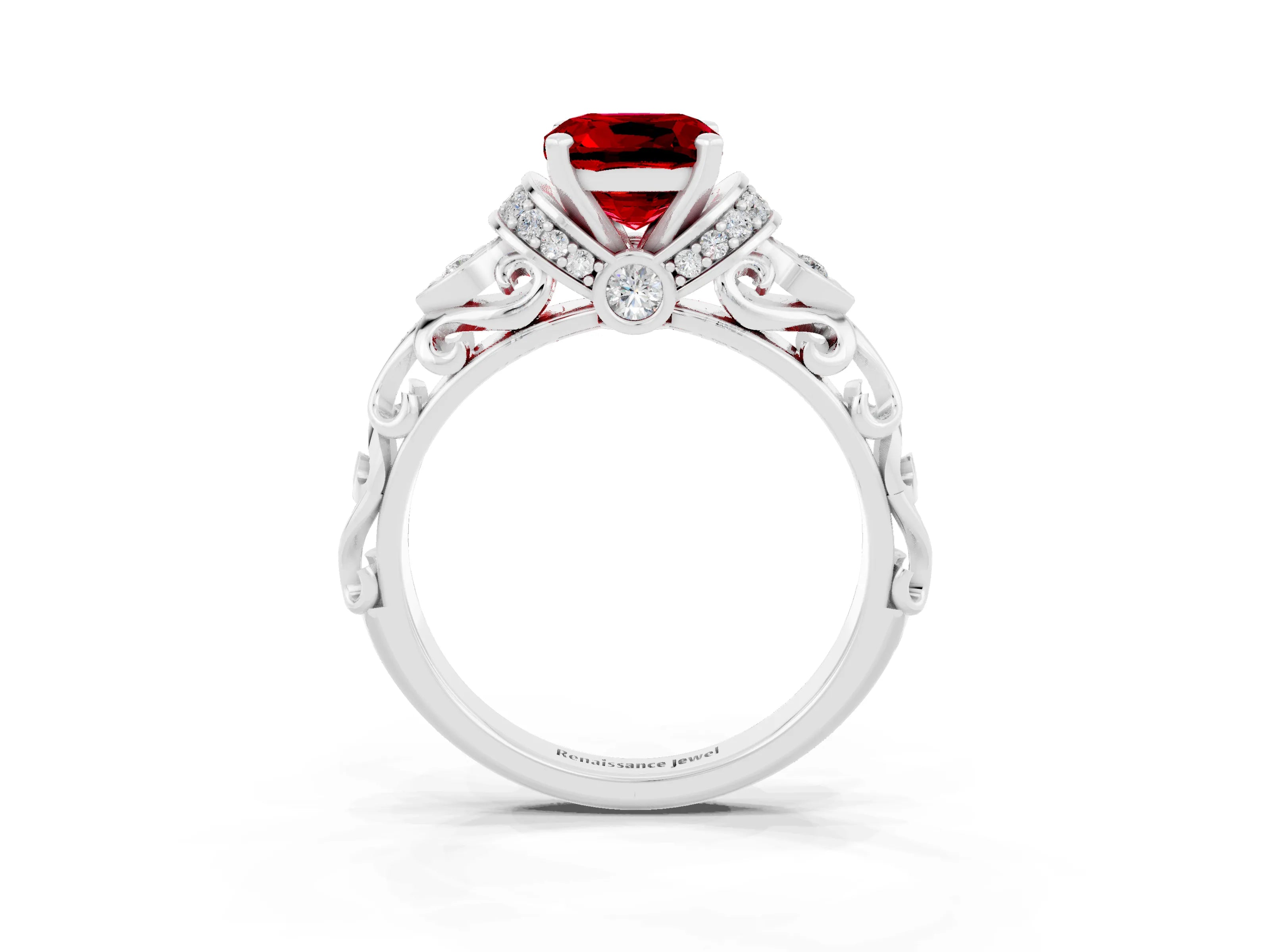 White gold Cushion Cut Ruby Solitaire Ring with Filigree Band and Four-Prong Setting_27