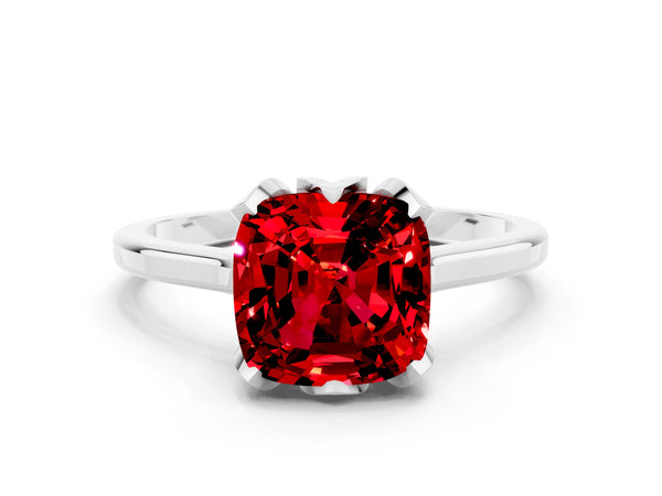 Platinum Cushion Cut Ruby Solitaire Ring with Flower Prong Setting and Classic Band