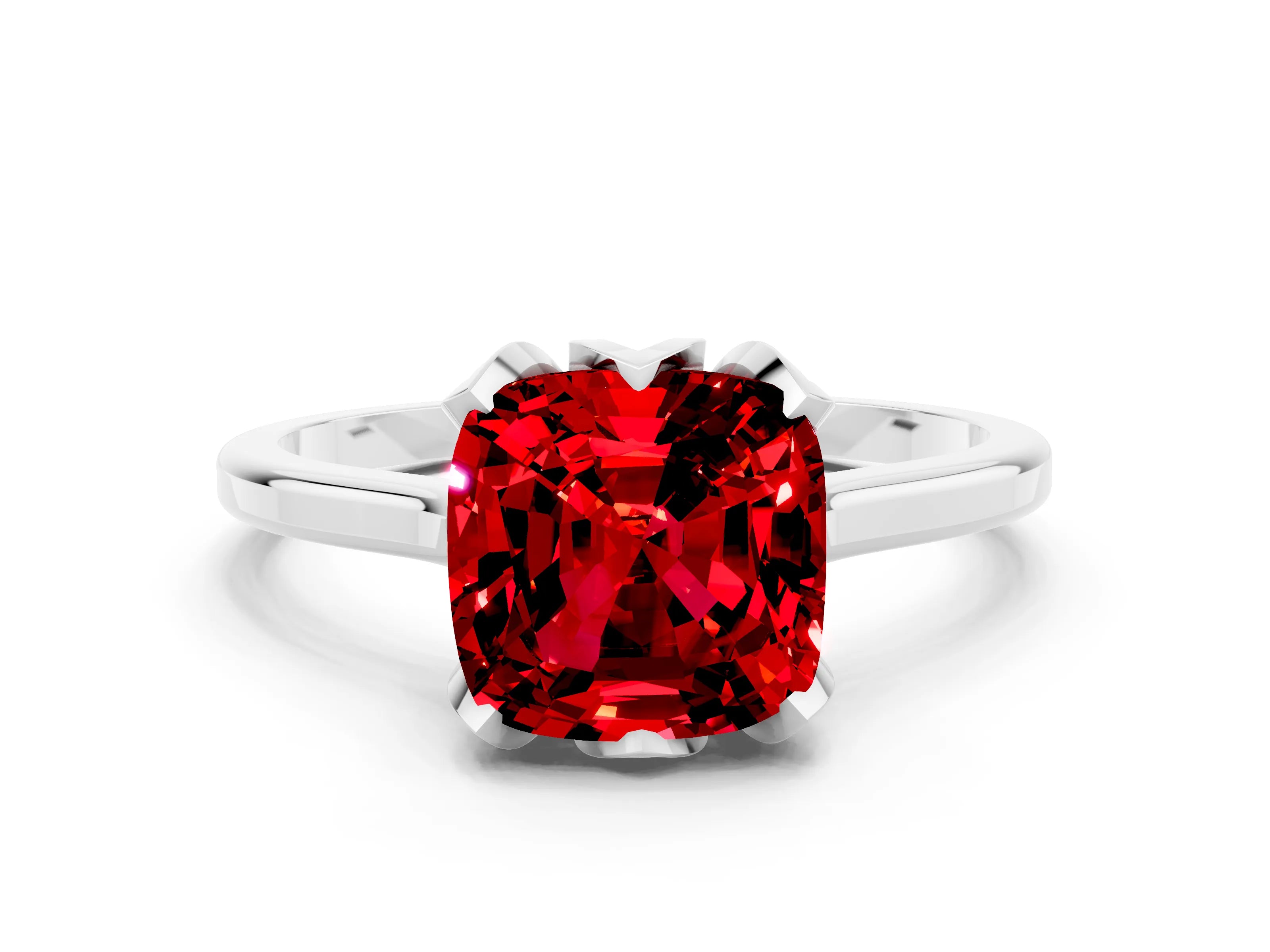 White gold Cushion Cut Ruby Solitaire Ring with Flower Prong Setting and Classic Band_12