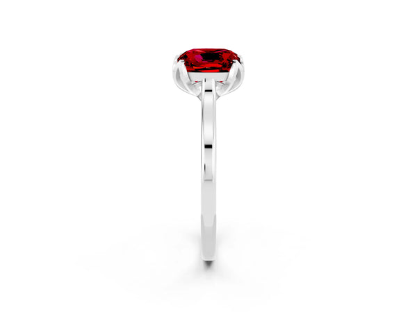 Platinum Cushion Cut Ruby Solitaire Ring with Flower Prong Setting and Classic Band