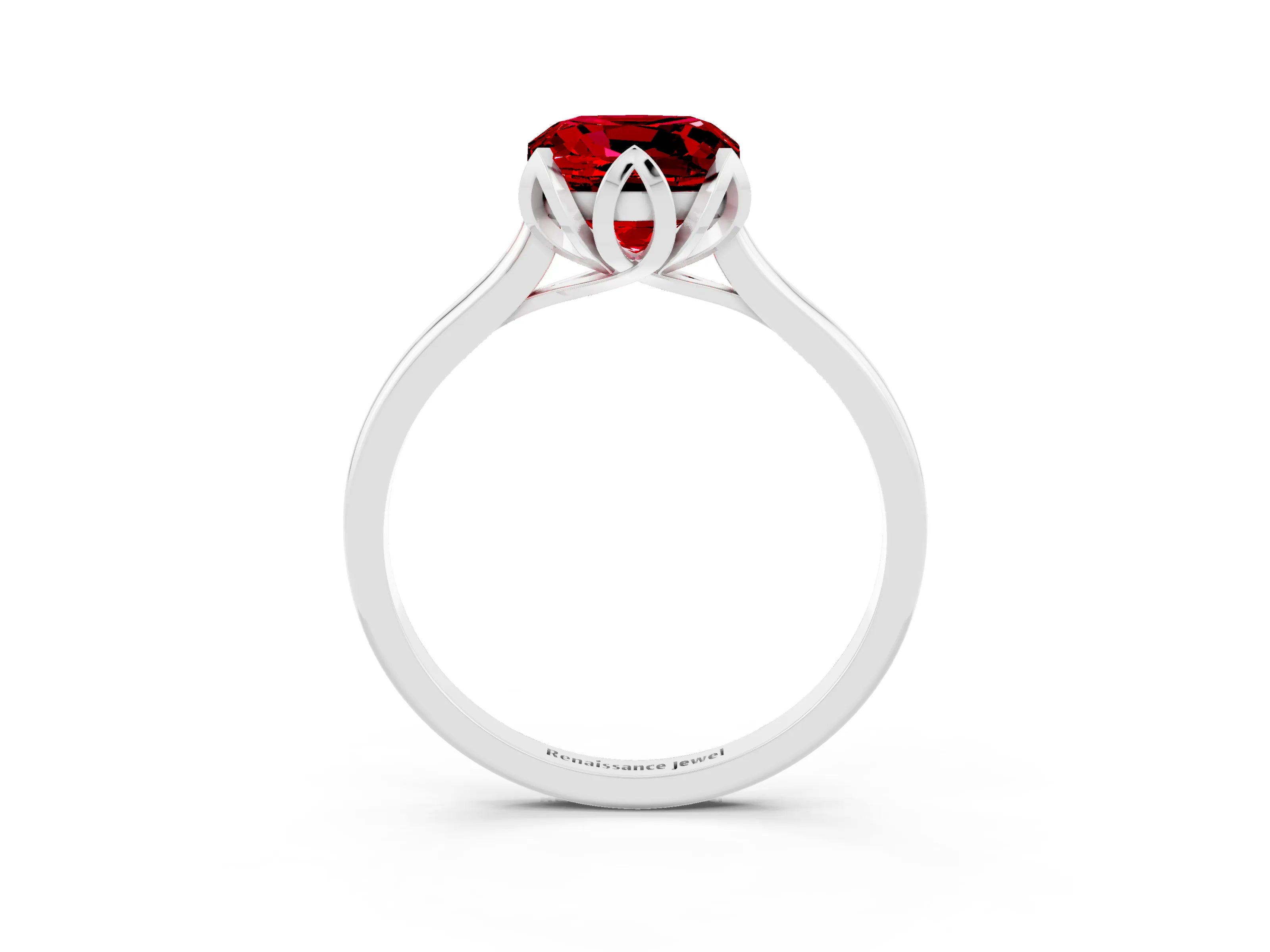 White gold Cushion Cut Ruby Solitaire Ring with Flower Prong Setting and Classic Band_15