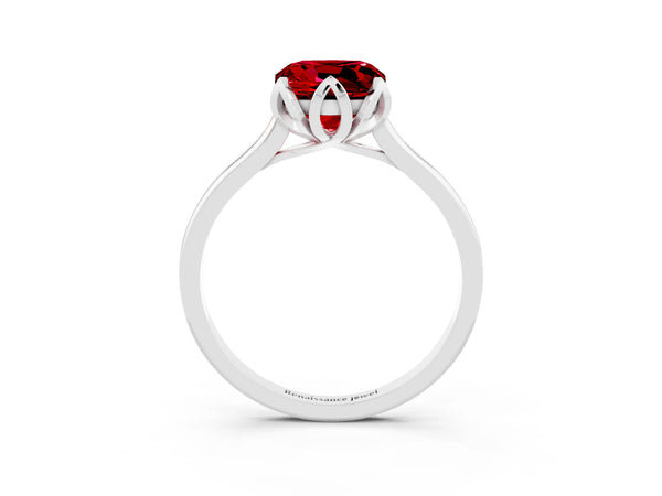 White gold Cushion Cut Ruby Solitaire Ring with Flower Prong Setting and Classic Band