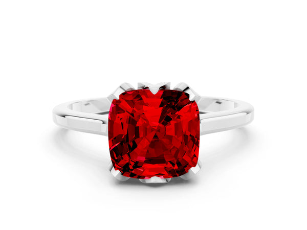 White gold Cushion Cut Ruby Solitaire Ring with Flower Prong Setting and Classic Band