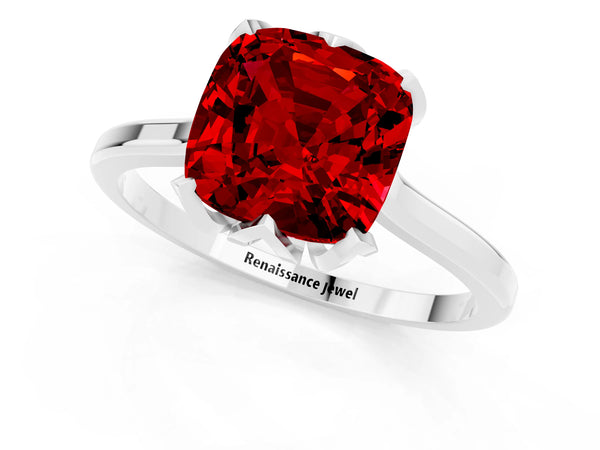 White gold Cushion Cut Ruby Solitaire Ring with Flower Prong Setting and Classic Band