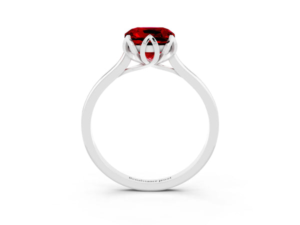White gold Cushion Cut Ruby Solitaire Ring with Flower Prong Setting and Classic Band