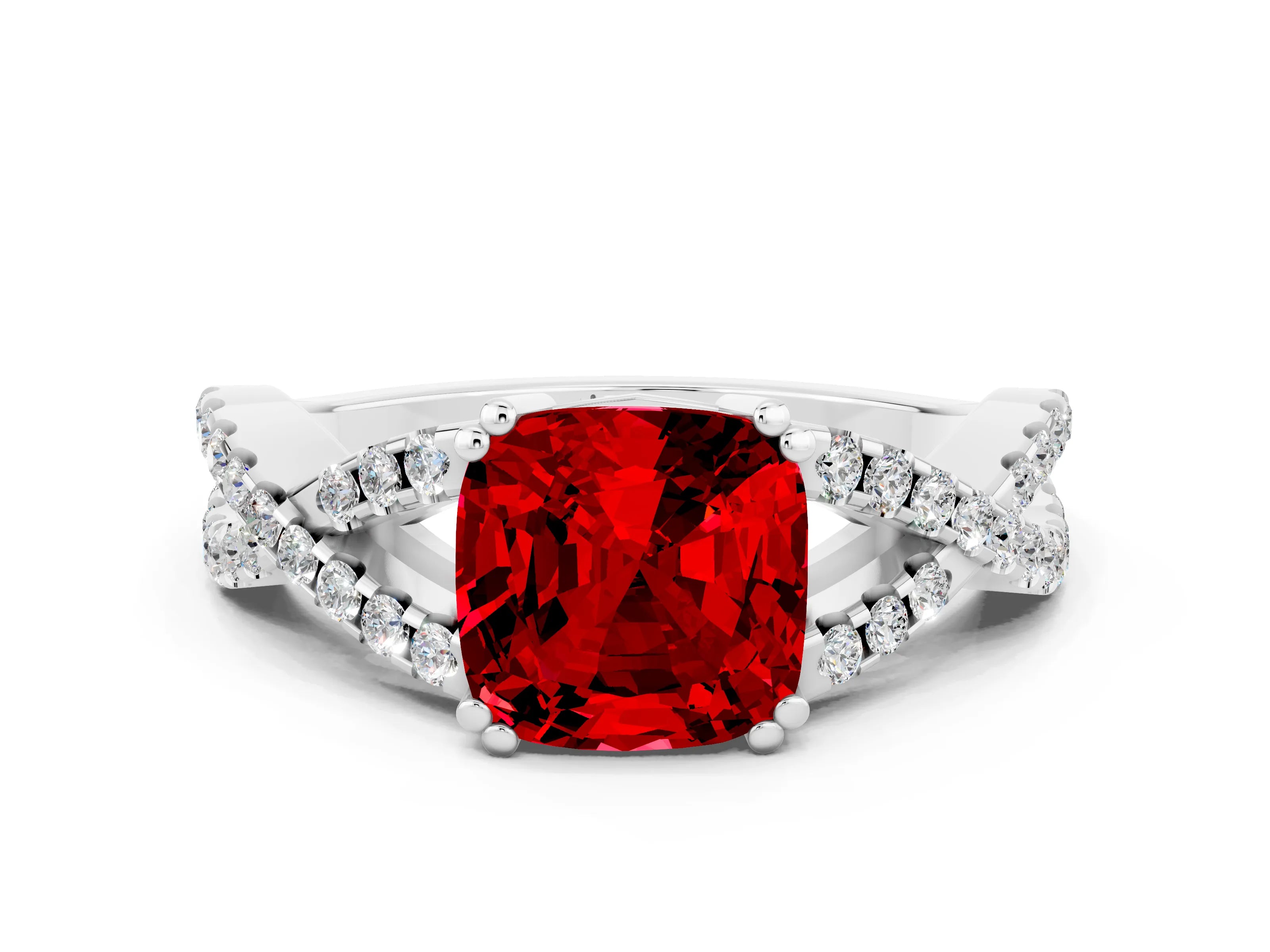 White gold Cushion Cut Ruby Solitaire Ring with Four-Prong Setting and Twisted Pavé Band