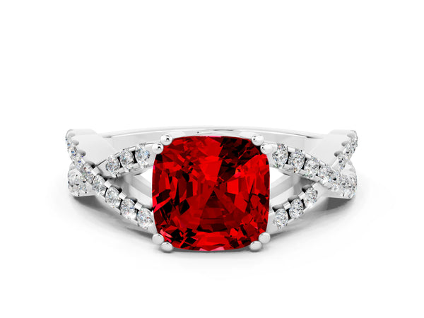 Platinum Cushion Cut Ruby Solitaire Ring with Four-Prong Setting and Twisted Pavé Band