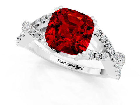 White gold Cushion Cut Ruby Solitaire Ring with Four-Prong Setting and Twisted Pavé Band_1