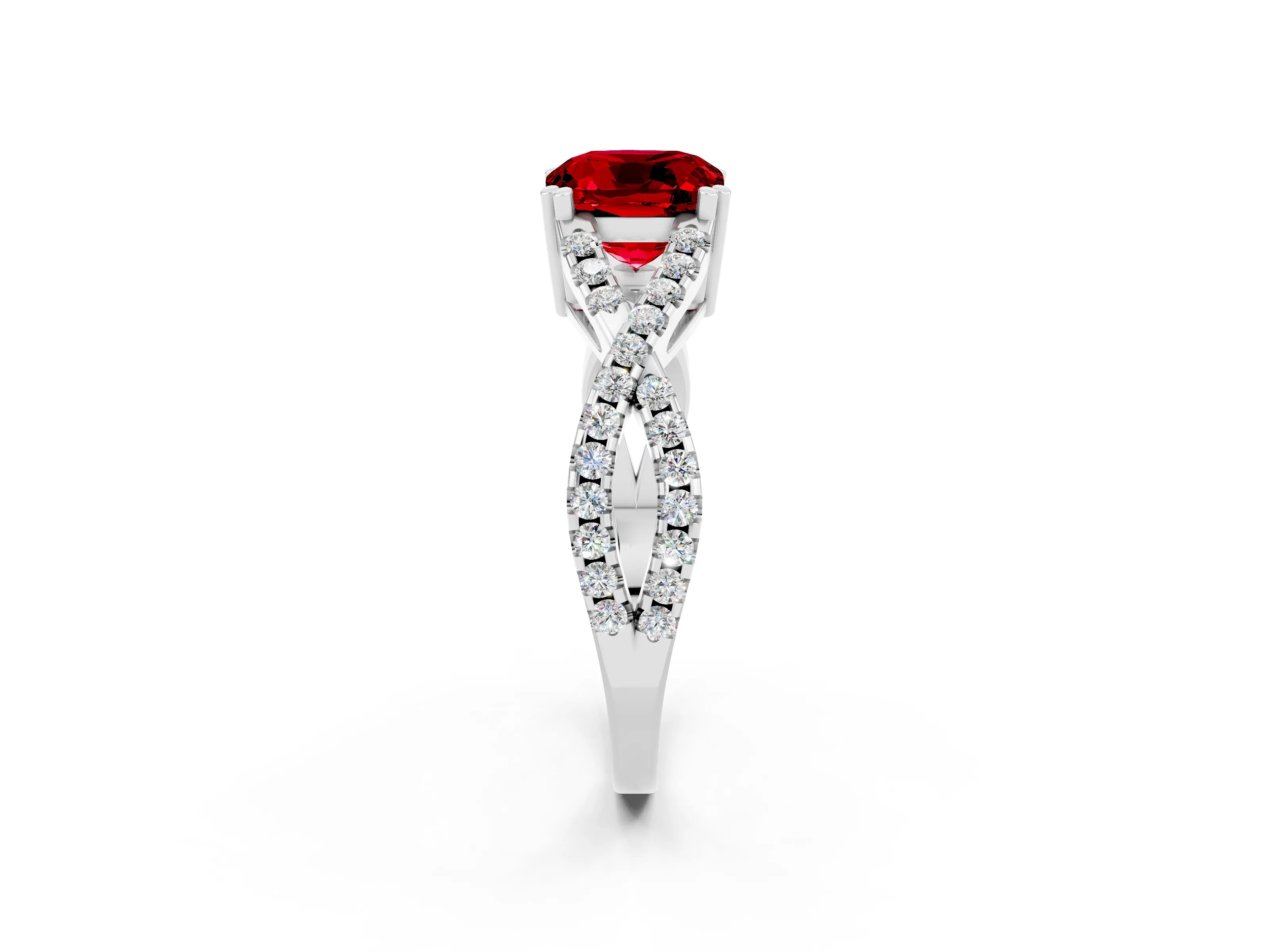 White gold Cushion Cut Ruby Solitaire Ring with Four-Prong Setting and Twisted Pavé Band_2